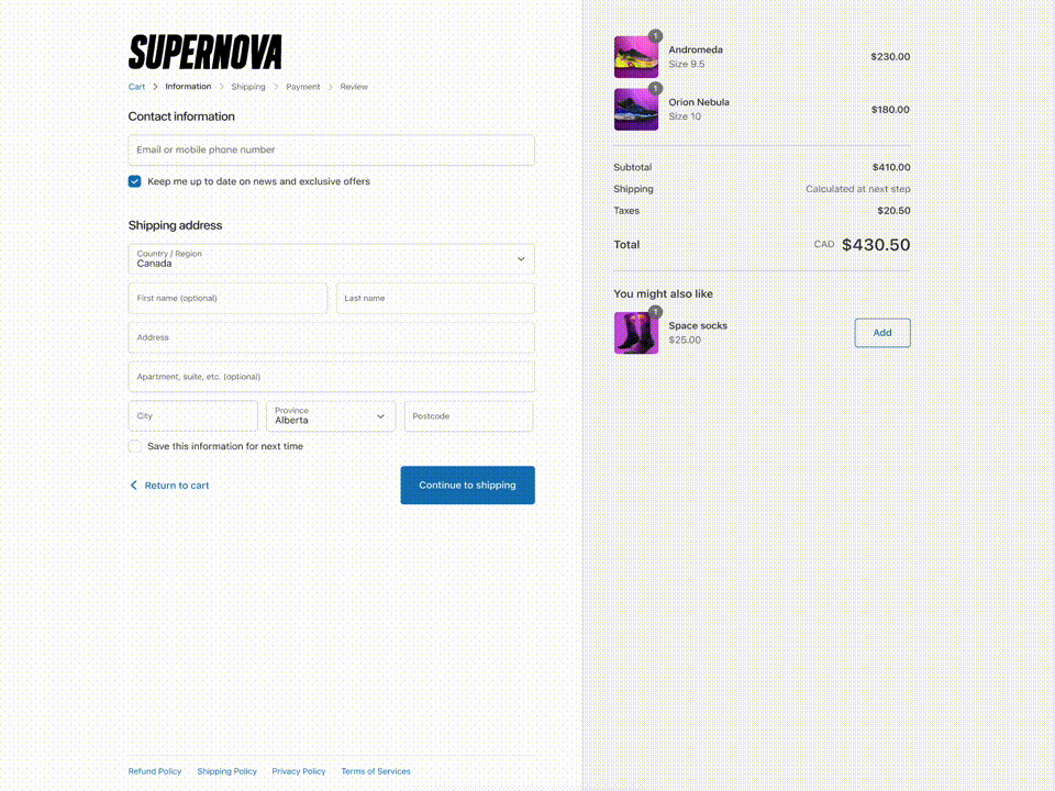 supernova customized Shopify checkout